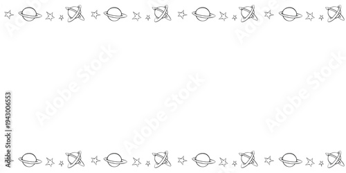 Vector frame from planets, stars in doodle style. Horizontal top and bottom edging, border, decoration on theme of space, astronomy, fantastic, kids design