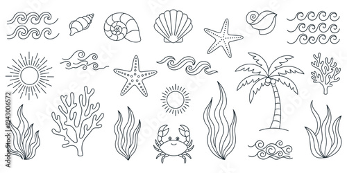 Black and white line art of beach and ocean elements with waves, seashells, starfish, crab, coral, flat vector illustration