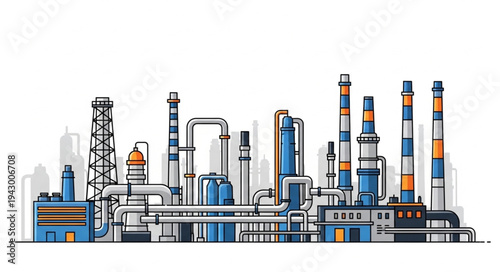 Industrial Factory with Smokestacks and Pipelines.