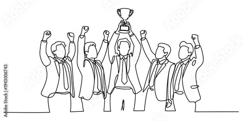 Foto Continuous Line Drawing of Successful Business Team Celebrating with Trophy