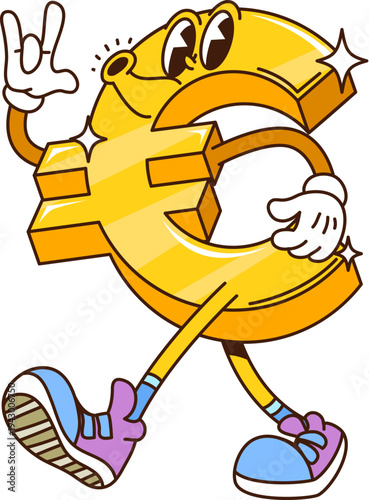 Cartoon groovy euro finance character. Isolated vector hippie funky business and finance symbol. Cheerful retro money sign, golden sparkling currency personage with wide eyes, exuding wealthy y2k vibe