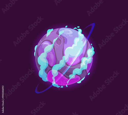 Cartoon alien space planet with icy clouds and glowing magma surface surrounded by orbital ring. Fantasy vector extraterrestrial space object with surreal texture floating in dark universe atmosphere