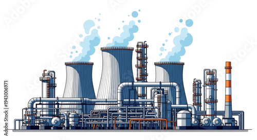 Industrial Factory with Smokestacks and Pipes.