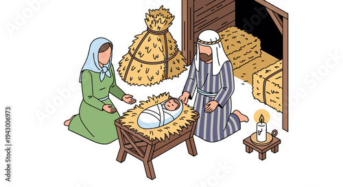 A nativity scene depicting Mary, Joseph, and baby Jesus in a stable, illustrated in a flat style