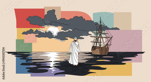 A serene illustration featuring a figure standing on water with a ship, in a colorful, modern style