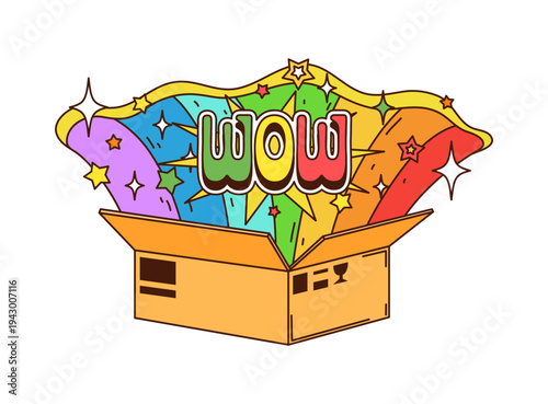 Groovy cartoon open cardboard box surprise symbol with colorful wow text popping out. Vector retro comic parcel package with bright hippie funky trippy rainbow, stars and sparkles create playful mood