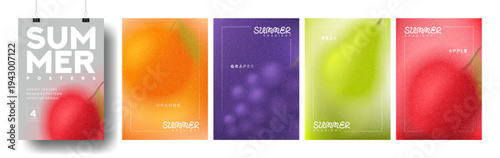 Set of creative summer gradient posters. Abstract vector flyers with colourful gradients and blurred summer berries. Collection of grainy backgrounds for summer events, ads, branding, cover, sale.