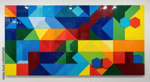 Multicolored geometric abstract composition displays vibrant three dimensional shapes