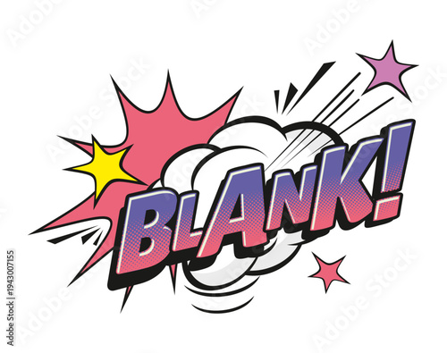 Blank comic sound effect speech bubble tag. Exclamation splash pop art label, comic speech balloon vector sticker. Sound cloud bubble halftone tag with purple typography, stars and explosion effect