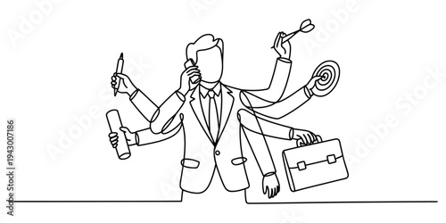 Multitasking Businessman Continuous Line Art Illustration
