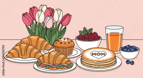 A delightful arrangement of pastries, flowers, and a drink in a minimalist style, perfect for Mother's Day celebrations