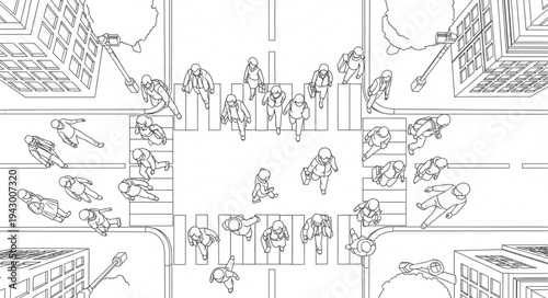 Abstract sketch of people walking in a city square.