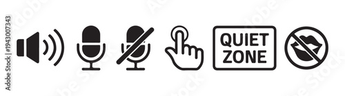 Audio control icons set including volume, microphone, mute, touch, quiet zone, and no talking signs