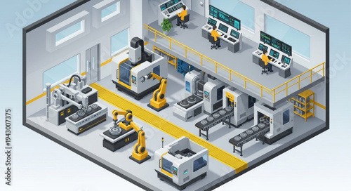 Industrial Factory with Robots and Machinery.