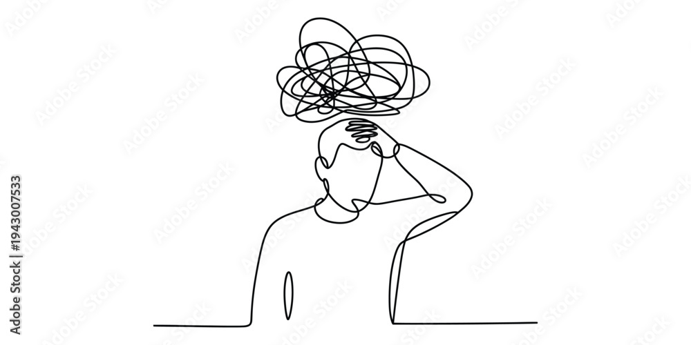 Naklejka premium Single Line Art of Stressed Man with Tangled Thoughts
