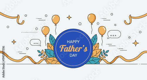 Festive Father's Day illustration featuring balloons, leaves, and decorative elements in a modern flat style