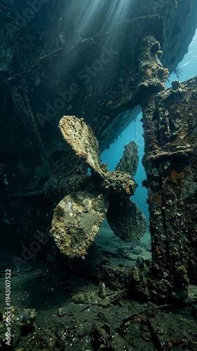 Underwater Propeller of a Sunken Ship with Marine Growth in Dark Blue Ocean Water