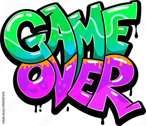 Game over street graffiti, hip hop wall painting typography. Street wall drawing, Hip Hop airbrush artwork vector text. Ghetto graffiti cool spray typography with green and violet funky letters
