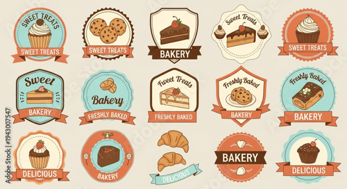 Collection of vintage bakery badges and labels with baked goods.