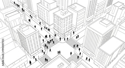 Aerial view of a busy city street intersection with many people walking.