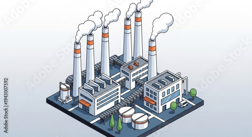 Industrial Factory with Smokestacks and Buildings.