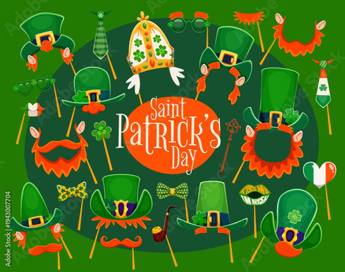 Funny St Patrick day leprechaun and kids photo booth masks and props Festive vector set featuring cartoon green hats, bow ties, orange beards, shamrocks, pipes and glasses for irish party and events