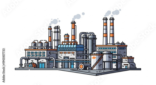 Industrial Factory with Smokestacks and Buildings.