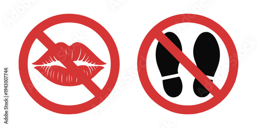 No kissing lipstick sign and no walking footprints prohibition symbols red warning icons