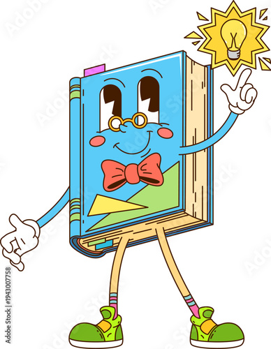 Cartoon retro groovy blue book character with light bulb, bow tie, sneakers and finger up gesture having great idea. Cute vector school student or teacher textbook or fun library bestseller personage