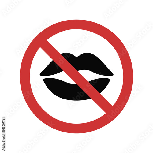 Forbidden kiss, do not kiss, stop kissing sign, lips crossed out, no mouth contact, prohibition of kisses