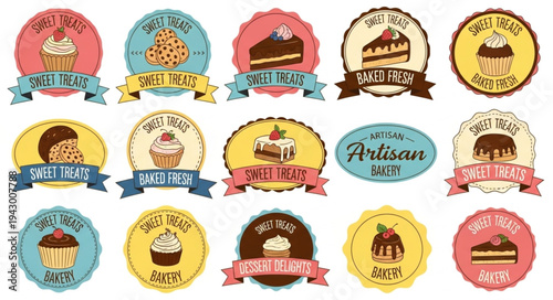 Collection of vintage dessert labels and badges with cupcakes and cakes.