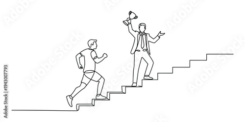 Fotografie Continuous Line Art of Runner and Businessman with Trophy on Stairs