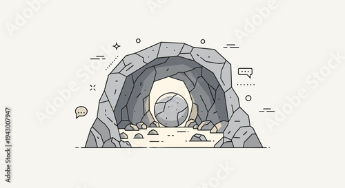 A minimalistic illustration of a cave entrance with geometric rocks and a circular stone, featuring a modern outline style
