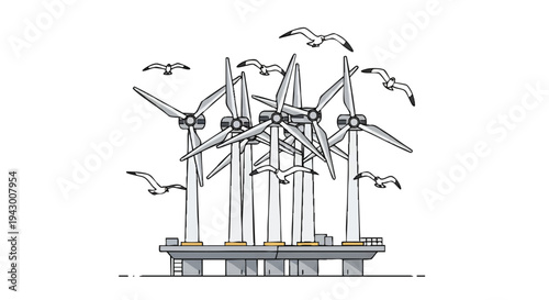 Wind turbines on a platform with seagulls flying overhead