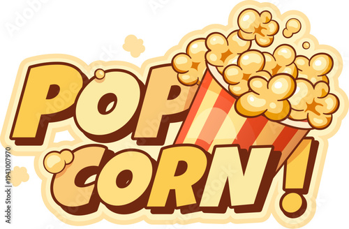 Takeaway popcorn fresh sweetcorn icon or patch. Cinema crunchy dessert icon, movie sweet sweetcorn vector badge. Party fluffy snack cartoon label or emblem with yellow typography and popcorn bucket