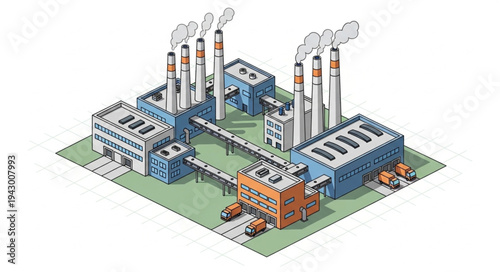 Industrial Factory with Smokestacks and Buildings.