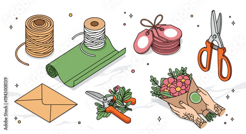 A colorful collection of crafting supplies including yarn, scissors, and decorative elements in a flat style
