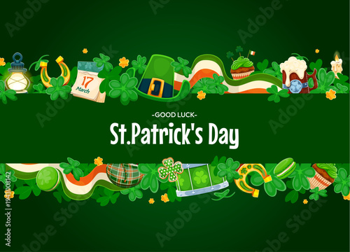 Happy St Patrick's day banner with greetings and good luck wishes. Cartoon vector festive card with traditional Irish shamrock clover, leprechaun hat, horseshoe, lantern, march calendar and cupcake