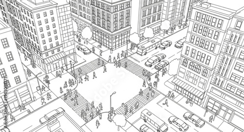 Detailed Architectural Drawing of a Bustling City Square.