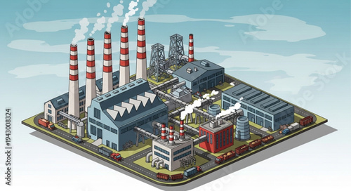 Industrial Factory with Smokestacks and Buildings.