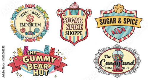 Collection of retro candy shop signs and logos.