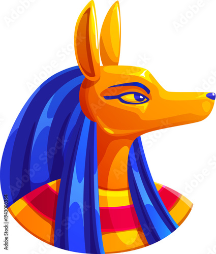 Anubis, the ancient Egyptian god of the afterlife, Egypt game icon, treasure asset. Cartoon vector golden jackal head adorned in a blue striped nemes headdress. Museum regal artifact or deity relic