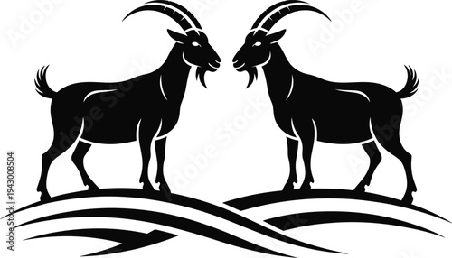 Symmetrical horned mountain goat silhouettes standing on abstract hills black vector illustration wildlife livestock animal emblem design isolated rustic nature