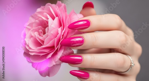 Hand with vibrant magenta manicured nails gently touching a lush pink bloom