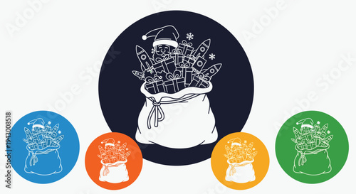 Christmas santa sack full of gifts and toys icons in flat line style with multiple color variations for holiday season graphic design.