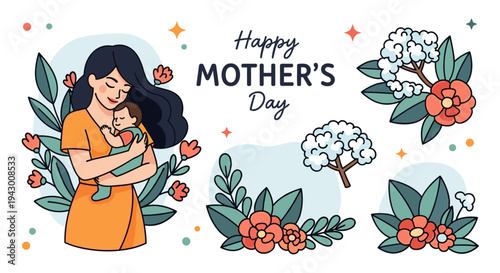 A heartwarming illustration of a mother embracing her child, featuring a modern, colorful style for Mother's Day