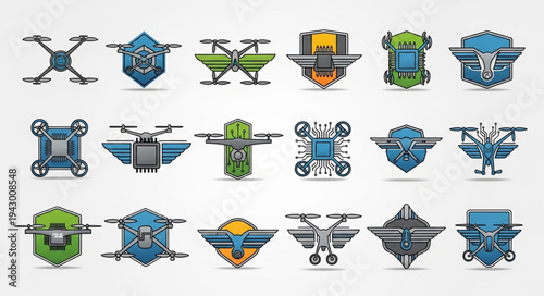Collection of futuristic drone and robot emblems and icons.