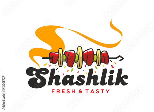 Shashlik barbeque meal cafe icon or symbol. Grilled shashlik symbol, skewer meat BBQ restaurant vector icon. Grill kebab badge with veggies and meat pieces on skewer, smoke and handwritten typography