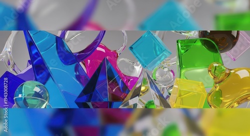 Vibrant colored translucent geometric shapes float amidst a bright, neutral setting.