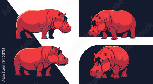 Red hippo character illustrations in four different panels on a black and white geometric background for creative and modern designs.